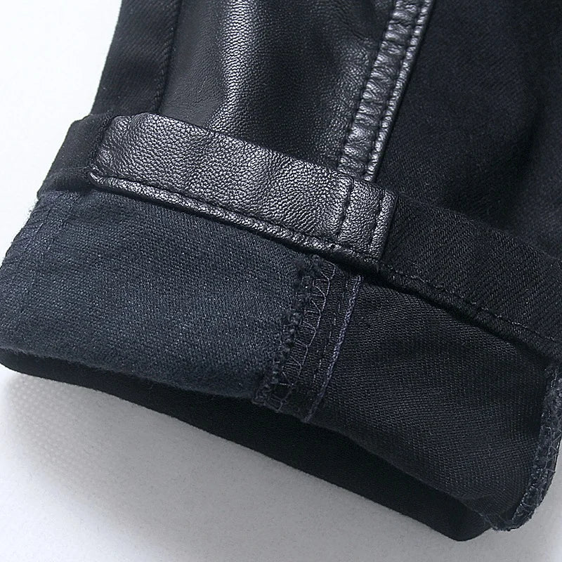 Fashion Designer Men's Black Zipper Motorcycle Leather Pants Korean Slim Skinny splice Leather Pants Fashion Men's Denim Pants