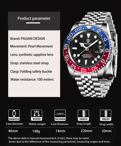 PAGANI DESIGN 2026 40MM Luxury Men GMT Automatic Machinery Watch Ceramic Bezel Jubilee Strap Sapphire Waterproof Watches for men