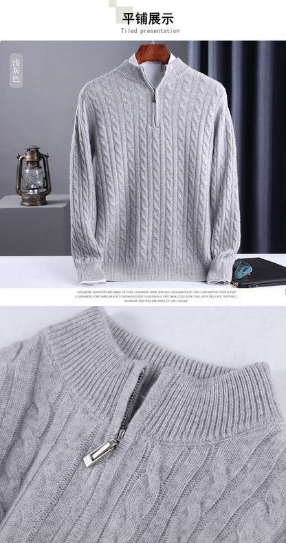 Autumn Winter 100% Wool Men's Slim Pullover Zipper Half High Neck Cashmere Knit Sweater Thick  Business Casual Large-Size Top