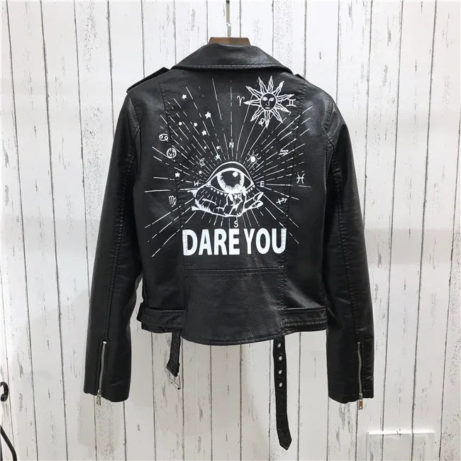 2024 New Autumn Women Winter Faux Soft Leather Jackets Coats Lady Black PU Rivet Zipper Epaulet 3D print Motorcycle Streetwear