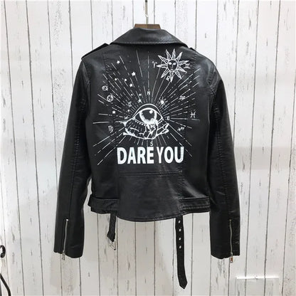 2024 New Autumn Women Winter Faux Soft Leather Jackets Coats Lady Black PU Rivet Zipper Epaulet 3D print Motorcycle Streetwear