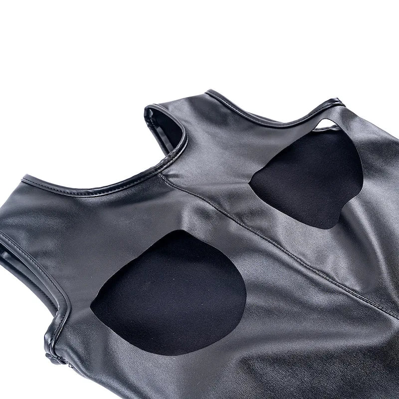 PU Leather Housewife Open Chest and Butt Tights Crotchless Bodysuit Harness Sexy Costume BDSM Bondage Rompers Sex Toys Women