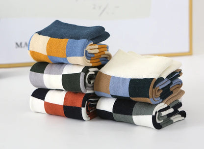 5Pair-pack New Men's Socks Colorful Grid Sock Casual Business High Quality Happy Combed Cotton Socks Fashion Gentleman Socks Men