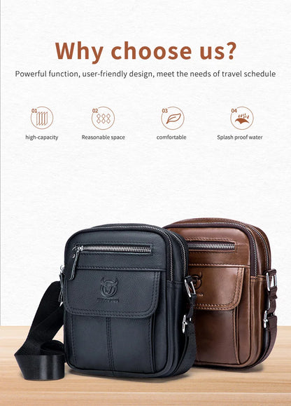 Bullcaptain Casual Men's Shoulder Bags Business Messenger Bag High-Quality Men's Cow Leather Bag's Mini Large Capacity Pocket