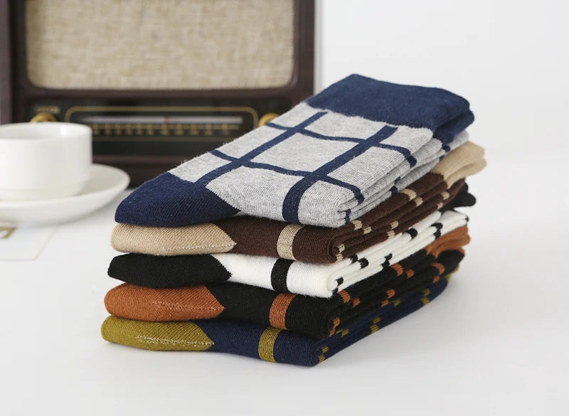 5Pair-pack New Men's Socks Colorful Grid Sock Casual Business High Quality Happy Combed Cotton Socks Fashion Gentleman Socks Men