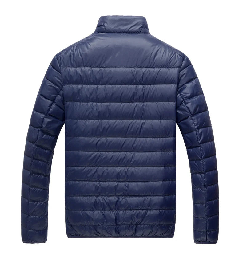Schinteon Men Ultralight White Duck Down Jacket Thin Stand Collar Solid Color Simple Autumn Outwear