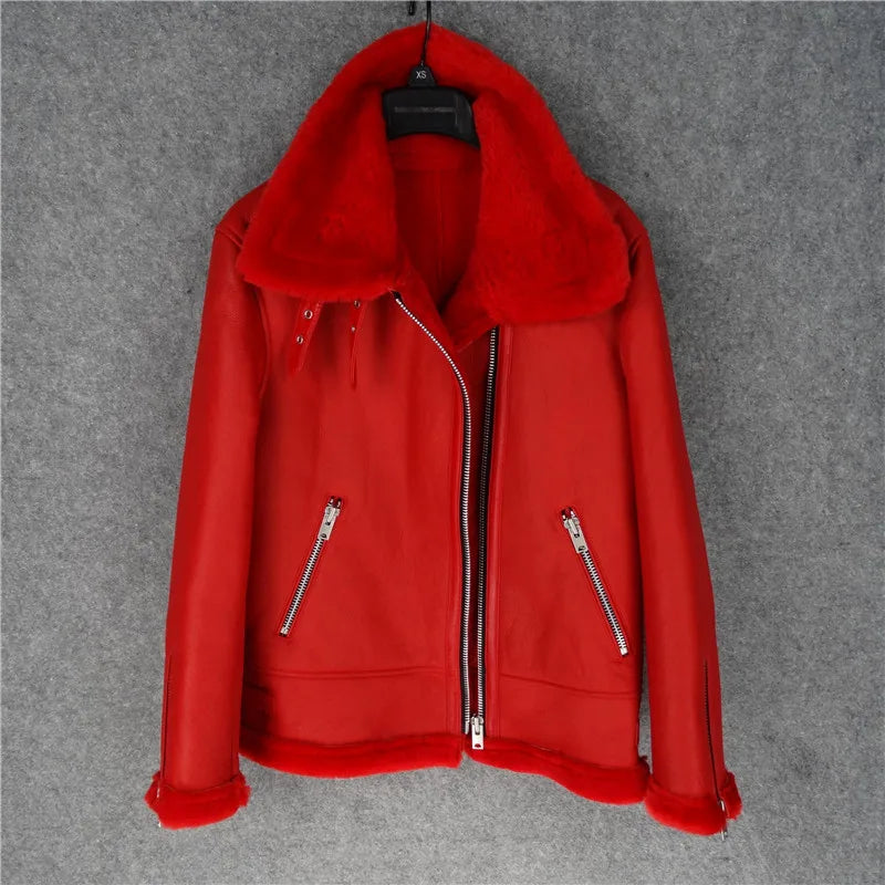 CC SHop Best.Guarantee Genuine leather jacket with fur.Winter warm women 100% shearling coat.Street sheepskin with wool jackets