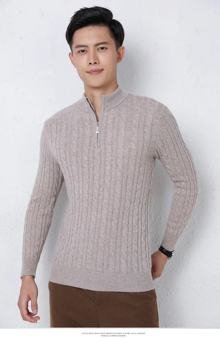 Autumn Winter 100% Wool Men's Slim Pullover Zipper Half High Neck Cashmere Knit Sweater Thick  Business Casual Large-Size Top