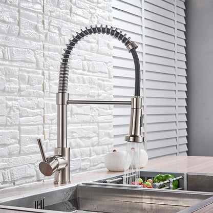 Spring Brushed Kitchen Sink Faucet Pull Down Sprayer Nozzle Single Handle Faucets Mixer Hot Cold Stainless Steel Modern