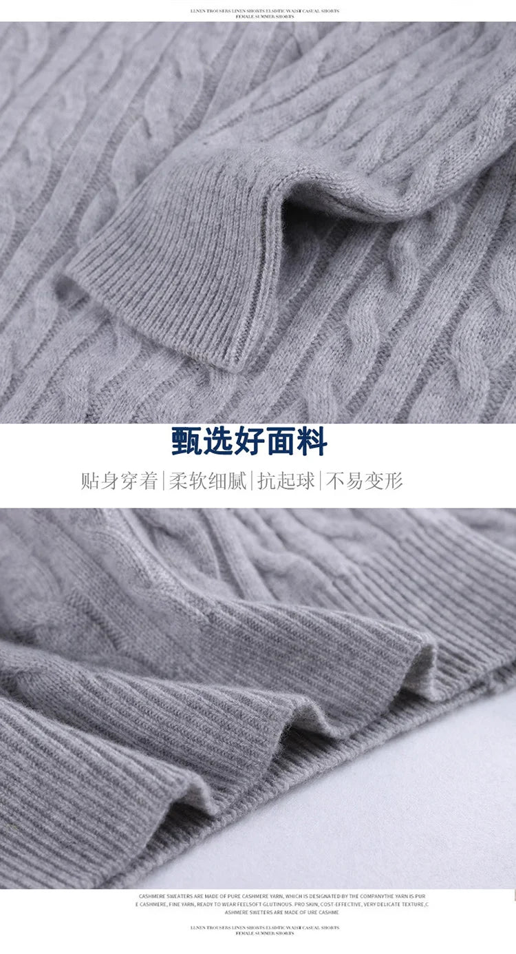 Autumn Winter 100% Wool Men's Slim Pullover Zipper Half High Neck Cashmere Knit Sweater Thick  Business Casual Large-Size Top