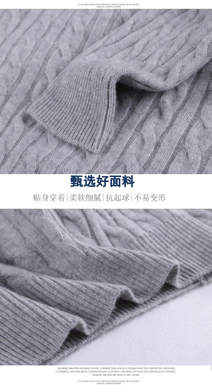 Autumn Winter 100% Wool Men's Slim Pullover Zipper Half High Neck Cashmere Knit Sweater Thick  Business Casual Large-Size Top