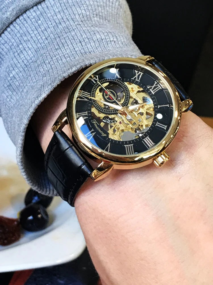 Forsining 3d Logo Design Hollow Engraving Black Golden Case Leather Skeleton Mechanical Watches Men Luxury Brand Heren Horloge