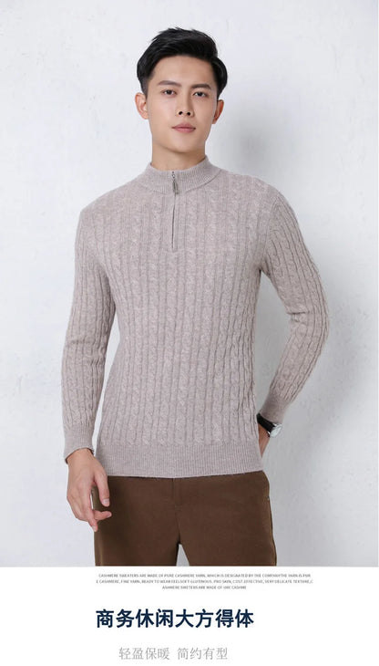Autumn Winter 100% Wool Men's Slim Pullover Zipper Half High Neck Cashmere Knit Sweater Thick  Business Casual Large-Size Top