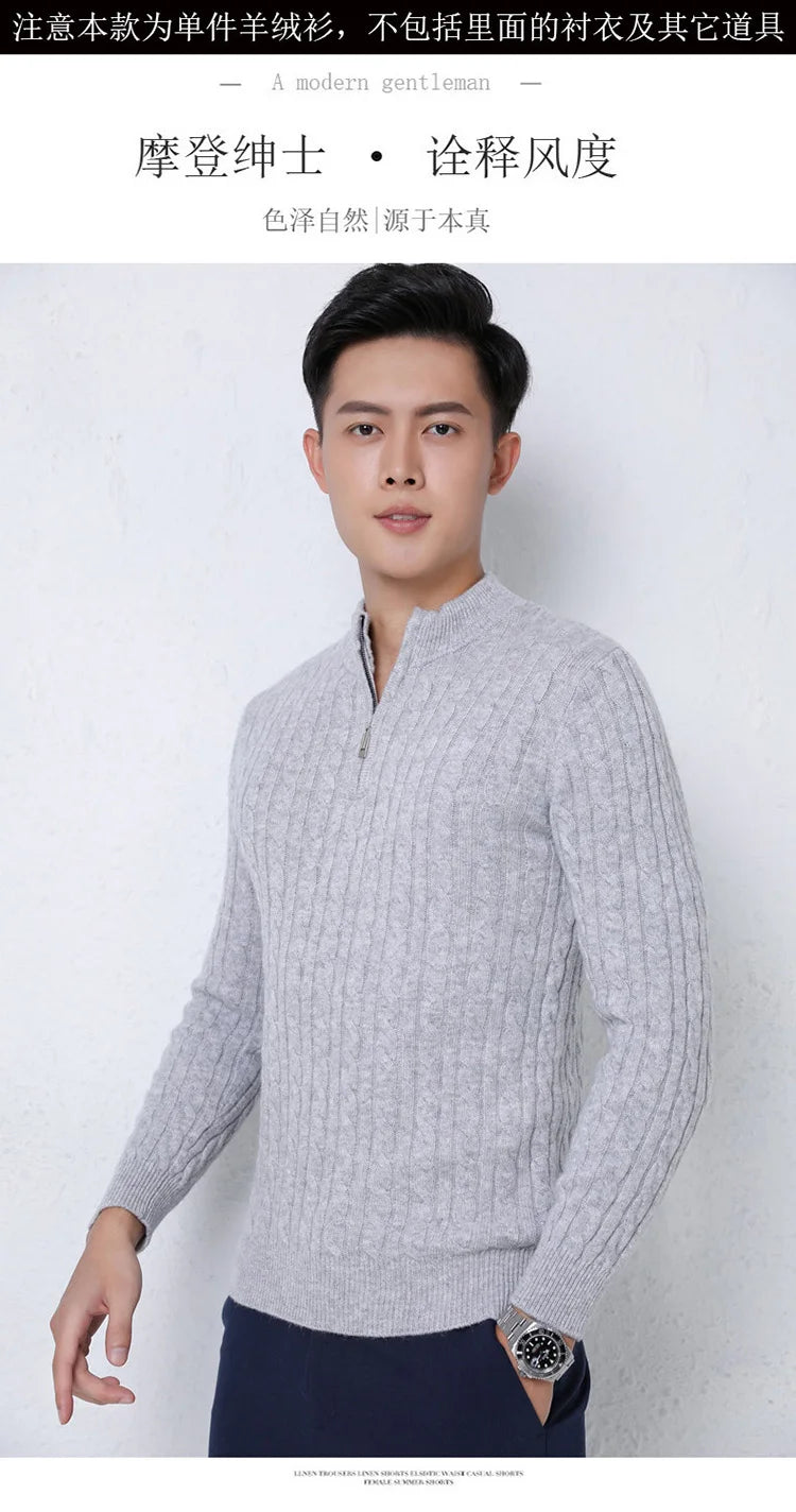 Autumn Winter 100% Wool Men's Slim Pullover Zipper Half High Neck Cashmere Knit Sweater Thick  Business Casual Large-Size Top