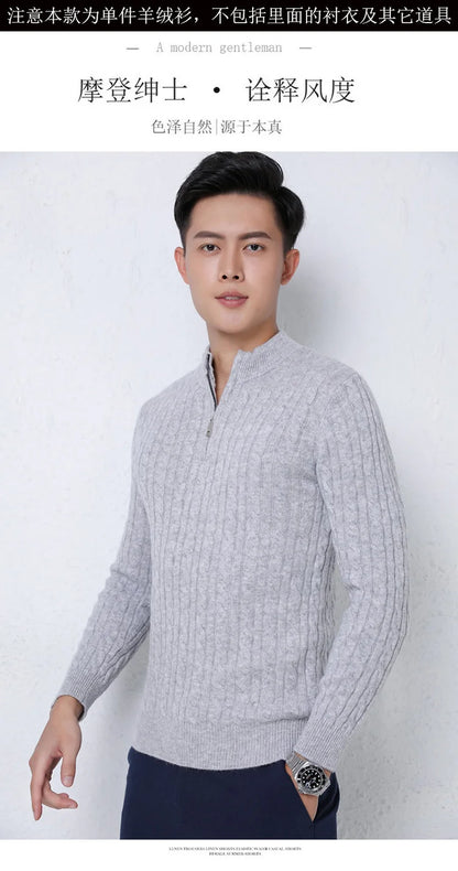 Autumn Winter 100% Wool Men's Slim Pullover Zipper Half High Neck Cashmere Knit Sweater Thick  Business Casual Large-Size Top