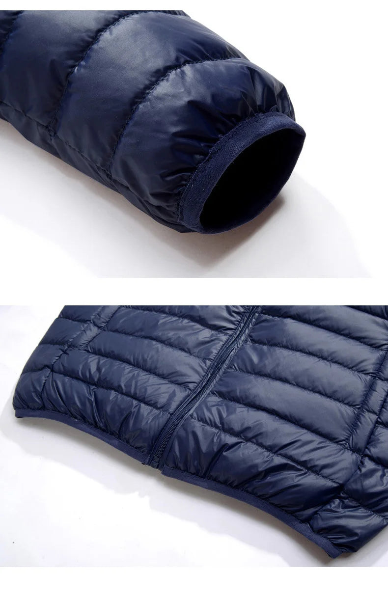Schinteon Men Ultralight White Duck Down Jacket Thin Stand Collar Solid Color Simple Autumn Outwear