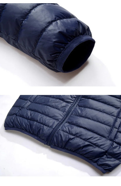 Schinteon Men Ultralight White Duck Down Jacket Thin Stand Collar Solid Color Simple Autumn Outwear