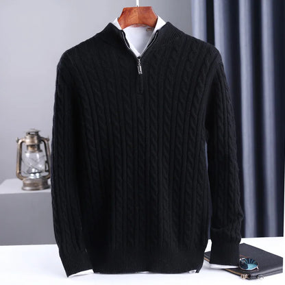 Autumn Winter 100% Wool Men's Slim Pullover Zipper Half High Neck Cashmere Knit Sweater Thick  Business Casual Large-Size Top
