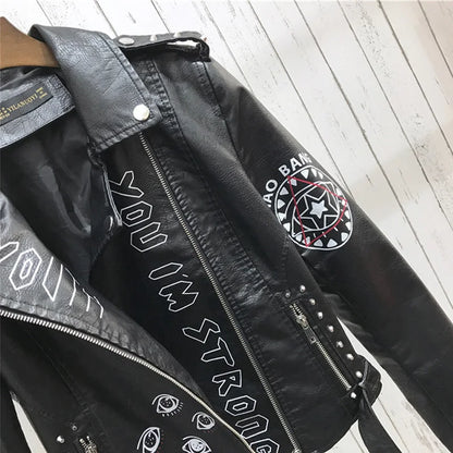 2024 New Autumn Women Winter Faux Soft Leather Jackets Coats Lady Black PU Rivet Zipper Epaulet 3D print Motorcycle Streetwear