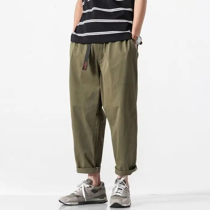 100% Cotton Casual Summer Pants With Belt Men Straight Baggy Ankle-Length Cargo Trousers Wide Leg Sweatpants Male Streetwear