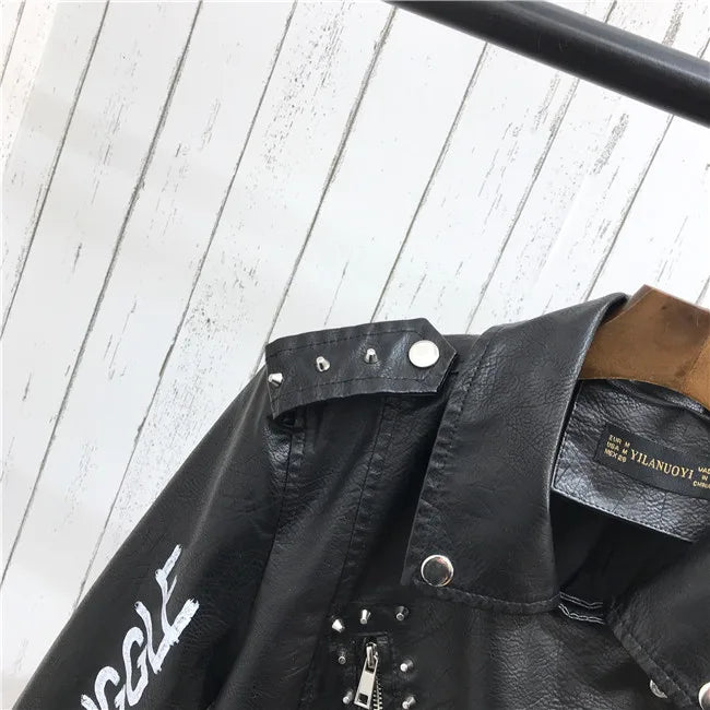 2024 New Autumn Women Winter Faux Soft Leather Jackets Coats Lady Black PU Rivet Zipper Epaulet 3D print Motorcycle Streetwear