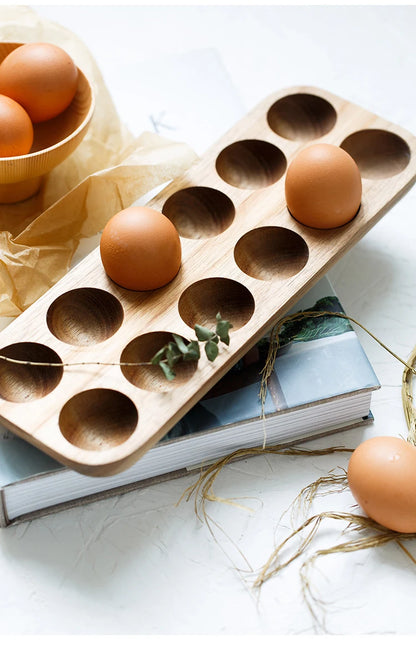 Japanese Style Wooden Double Row Egg Storage Box Home Organizer Rack Eggs Refrigerator Holder Kitchen Fresh Keeping Accessories