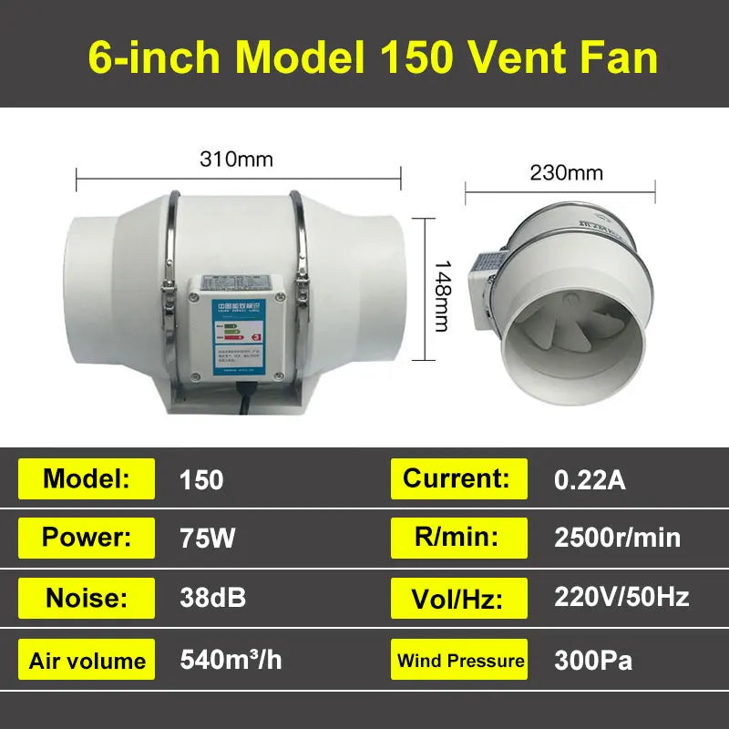 6 inch 220V Exhaust Fans Home Inline Pipe Duct Fan Extractor Ventilation Kitchen Toilet  Air Clean Ventilator Diagonal Flow Fan