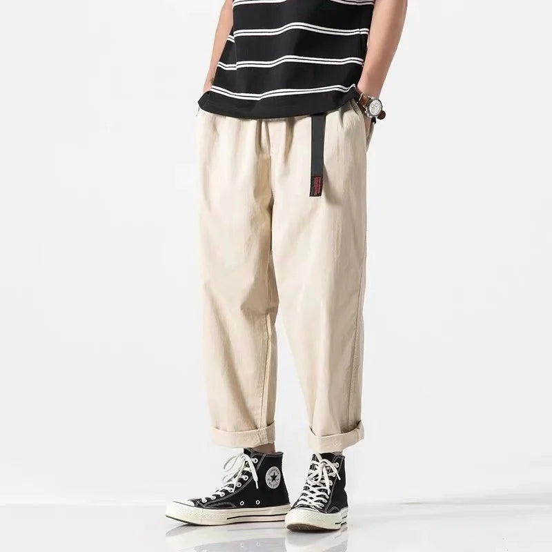 100% Cotton Casual Summer Pants With Belt Men Straight Baggy Ankle-Length Cargo Trousers Wide Leg Sweatpants Male Streetwear