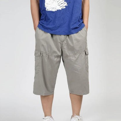2025 Men Summer Multi-Pocket Baggy Cargo Cotton Calf Length Pants Casual Trouser Male Large Solid Color Shorts Plus Size Xl-6Xl