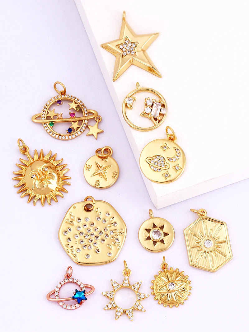 Sun Moon Star Space Celestial Compass Charm Pendant in Gold Colour , Jewelry Necklace Bracelet Making Supplies L93
