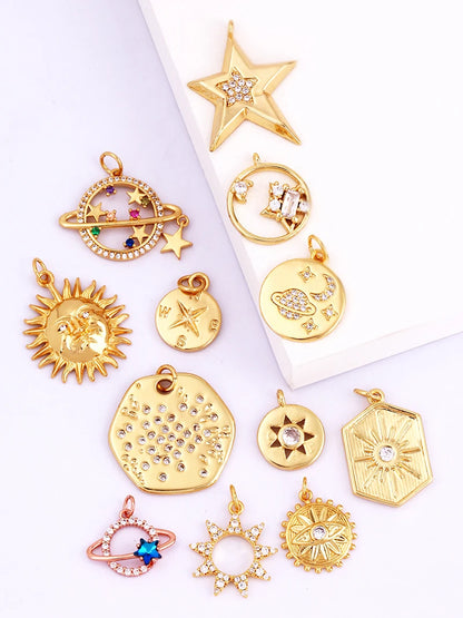 Sun Moon Star Space Celestial Compass Charm Pendant in Gold Colour , Jewelry Necklace Bracelet Making Supplies L93