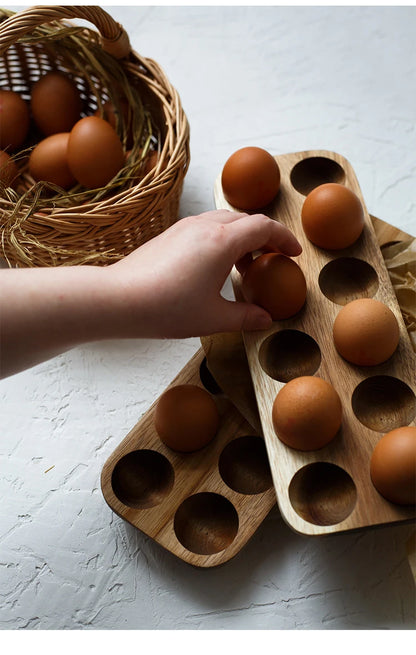 Japanese Style Wooden Double Row Egg Storage Box Home Organizer Rack Eggs Refrigerator Holder Kitchen Fresh Keeping Accessories