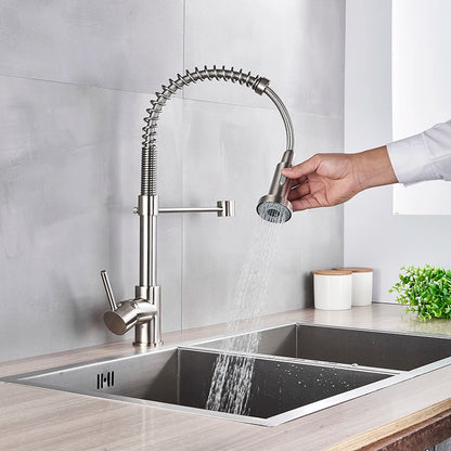 Spring Brushed Kitchen Sink Faucet Pull Down Sprayer Nozzle Single Handle Faucets Mixer Hot Cold Stainless Steel Modern