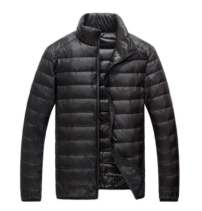 Schinteon Men Ultralight White Duck Down Jacket Thin Stand Collar Solid Color Simple Autumn Outwear