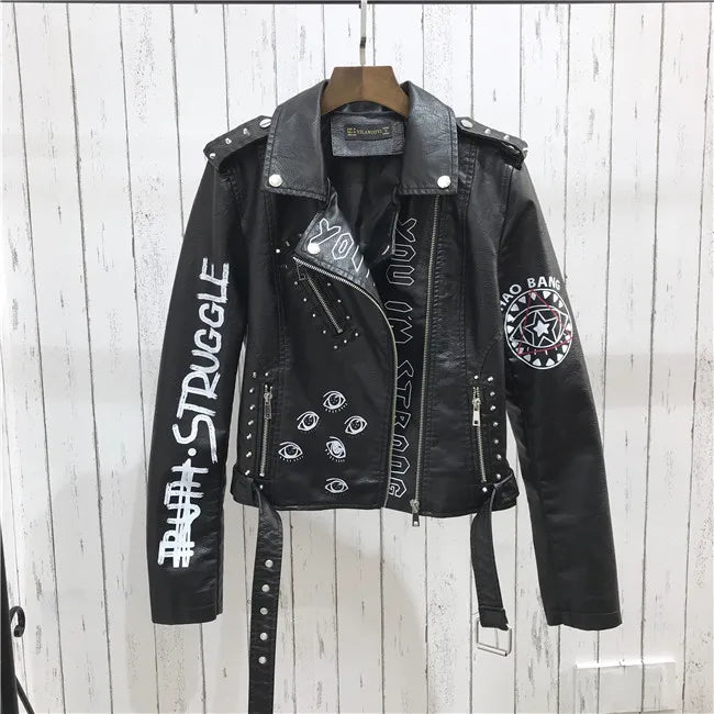2024 New Autumn Women Winter Faux Soft Leather Jackets Coats Lady Black PU Rivet Zipper Epaulet 3D print Motorcycle Streetwear