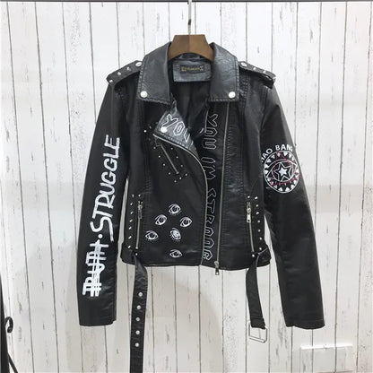 2024 New Autumn Women Winter Faux Soft Leather Jackets Coats Lady Black PU Rivet Zipper Epaulet 3D print Motorcycle Streetwear