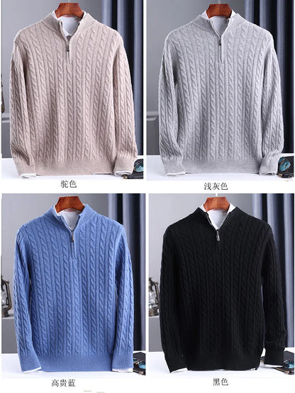Autumn Winter 100% Wool Men's Slim Pullover Zipper Half High Neck Cashmere Knit Sweater Thick  Business Casual Large-Size Top