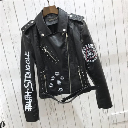 2024 New Autumn Women Winter Faux Soft Leather Jackets Coats Lady Black PU Rivet Zipper Epaulet 3D print Motorcycle Streetwear