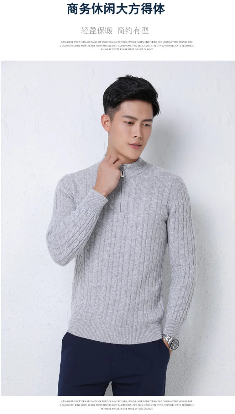 Autumn Winter 100% Wool Men's Slim Pullover Zipper Half High Neck Cashmere Knit Sweater Thick  Business Casual Large-Size Top