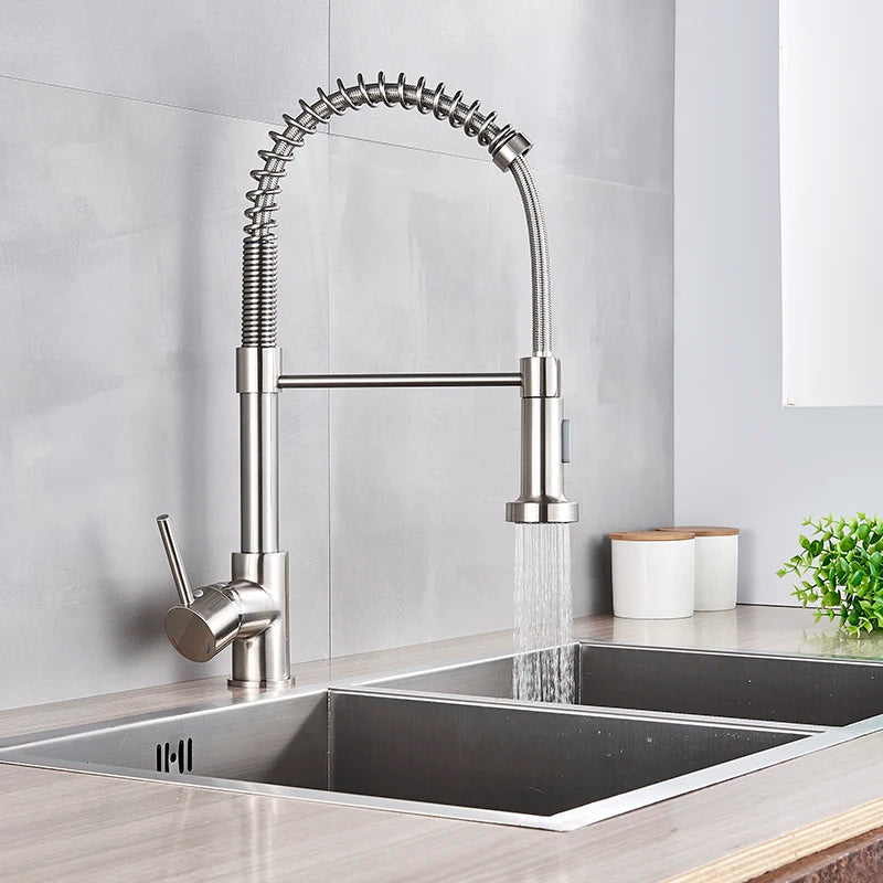 Spring Brushed Kitchen Sink Faucet Pull Down Sprayer Nozzle Single Handle Faucets Mixer Hot Cold Stainless Steel Modern