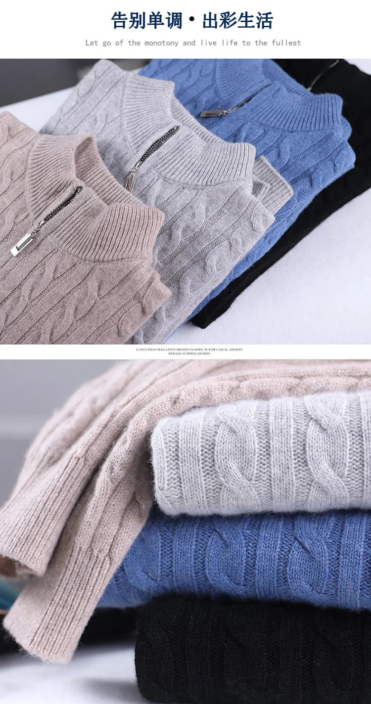 Autumn Winter 100% Wool Men's Slim Pullover Zipper Half High Neck Cashmere Knit Sweater Thick  Business Casual Large-Size Top
