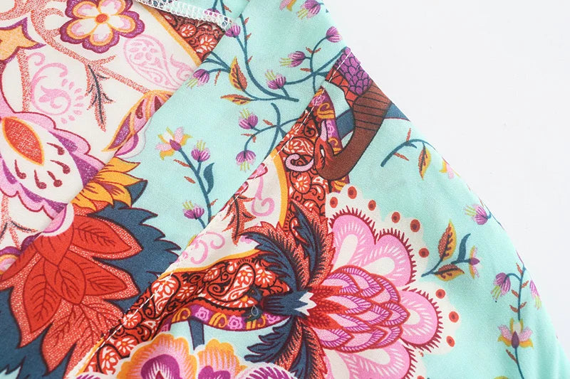 Boho Queens Vintage Peacock Floral Print Sashes Beach Kimono Women Bohemian Wrap Batwing Sleeves Holiday Bikini Cover-ups