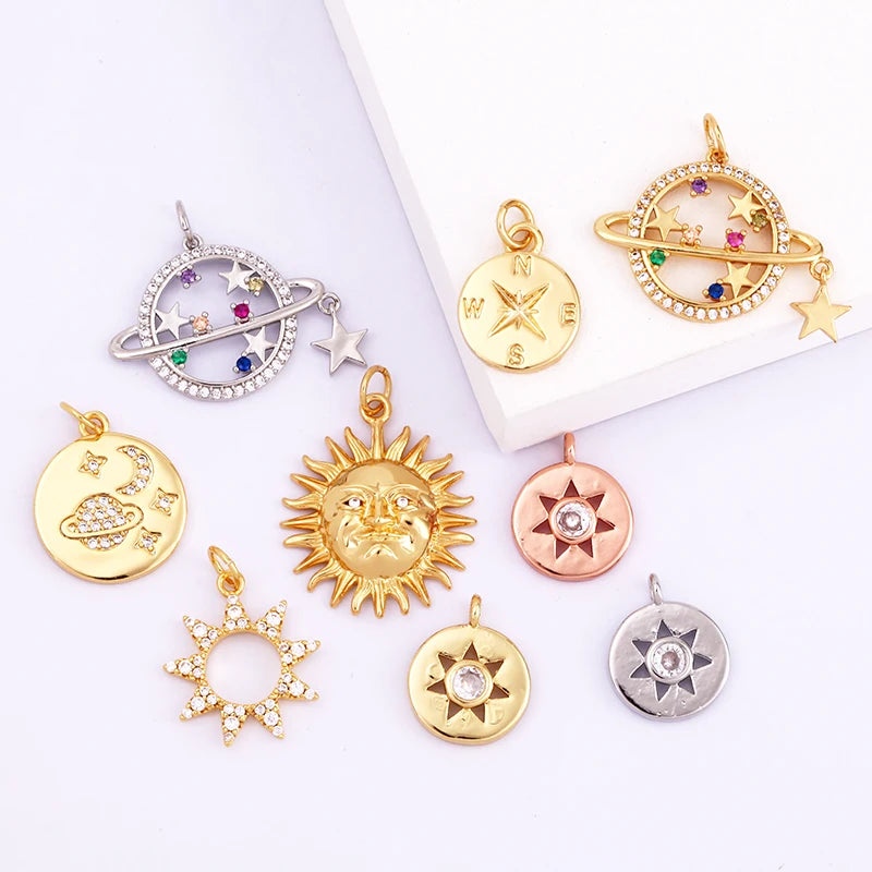 Sun Moon Star Space Celestial Compass Charm Pendant in Gold Colour , Jewelry Necklace Bracelet Making Supplies L93