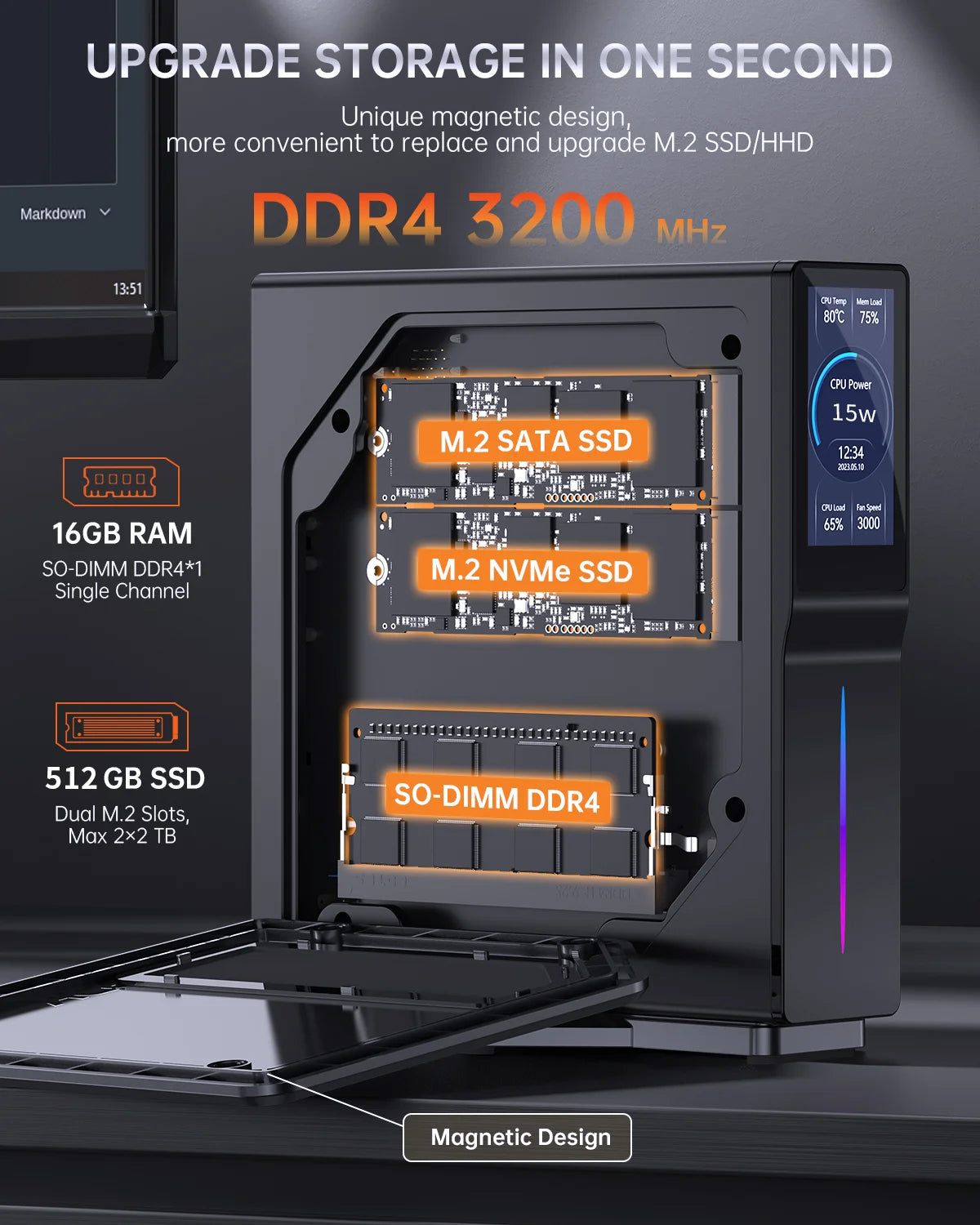 Intel 12th Gen Alder Lake N150 Mini PC M.2 NVMe SSD Mini Computer Gaming Computer LCD Screen Vertical Mini Tower