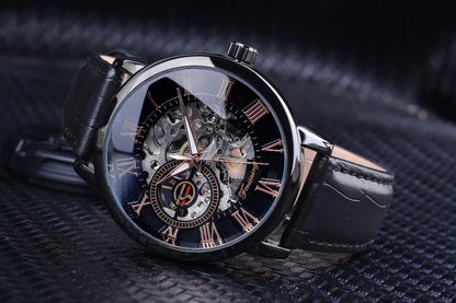 Forsining 3d Logo Design Hollow Engraving Black Golden Case Leather Skeleton Mechanical Watches Men Luxury Brand Heren Horloge