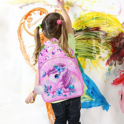 3PCS Unicorn Backpack for Girls, 16”Kids Sequin Bookbag with Lunch Box, School Bag for Elementary Toddler