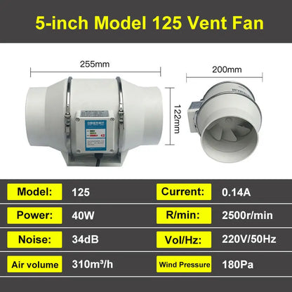 4 5 Inch 220V Ventilation Flow Fan Exhaust Fans Home Inline Pipe Duct Extractor Kitchen Toilet Air Clean Ventilator Diagonal