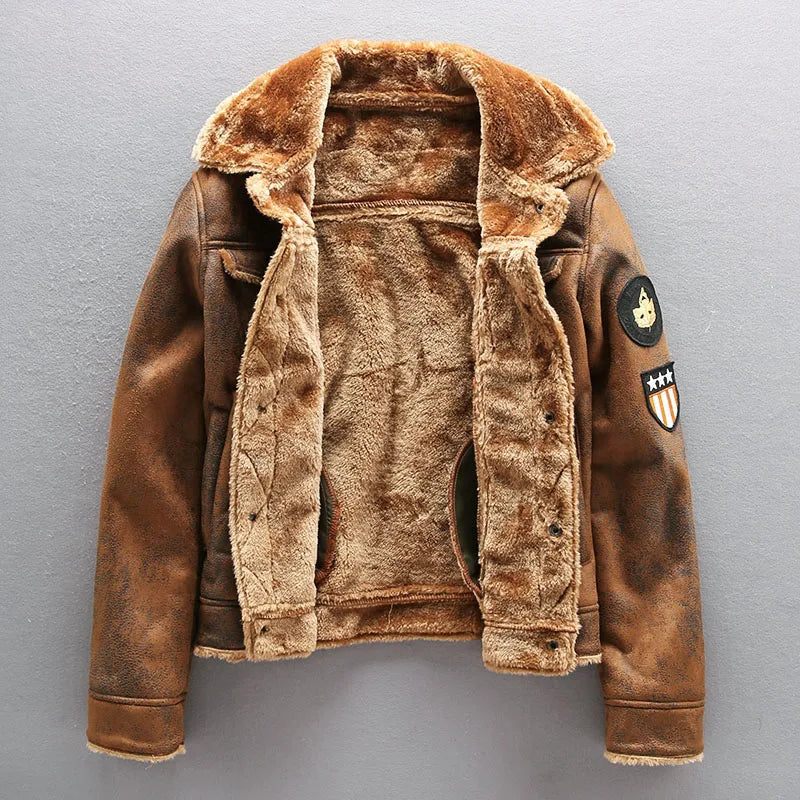 Men's Winter Thick Warm Military Bomber Pu Jacket Tactical Faux Leather Jackets Outwear Fleece Coats Fur Inner Windbreaker