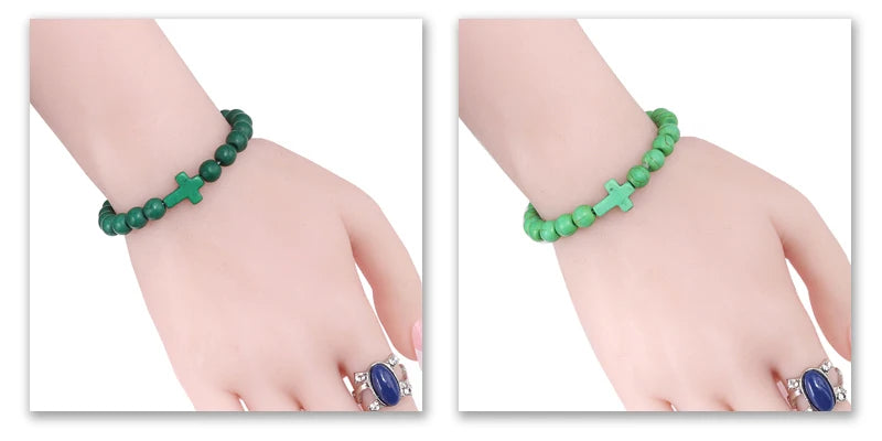 Fashion Jesus Cross Natural Stone Bracelets Charm Blue Pine Stone Black Lava Matte Beaded Bracelets Bangles Women Yoga Jewelry