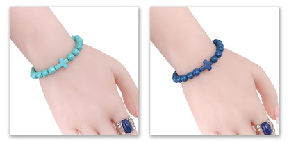 Fashion Jesus Cross Natural Stone Bracelets Charm Blue Pine Stone Black Lava Matte Beaded Bracelets Bangles Women Yoga Jewelry